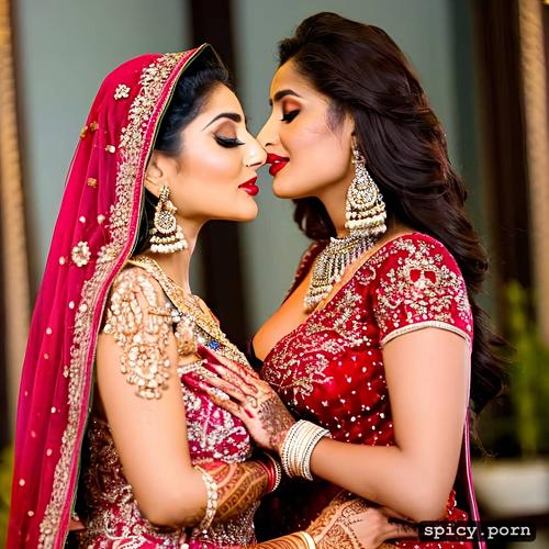 two extremely gorgeous pakistani slim 22 years old woman as bride and realviling her perfectly shaped boobs and proper face and red lipstick with no mishap in indian bride outfit kissing each other and holding each other tightly ultra realistic photo hyper realistic