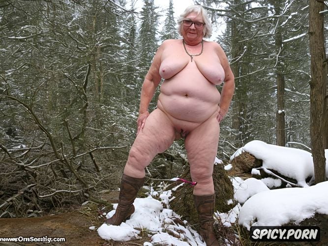 big saggy hanging breasts, snow, glasses, shaved dry pussy, cross necklace