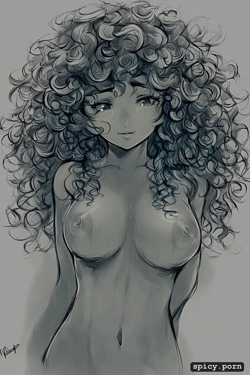 thai woman, realistic, dark skin, sketch, intricate curly hair