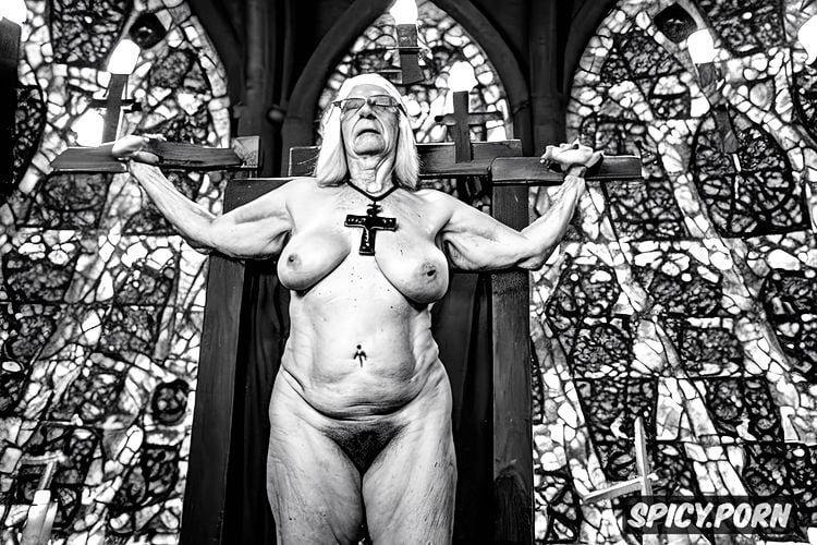 standing in church, cathedral, hollow sunken wrinkled belly