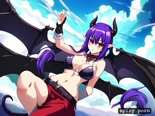 cute face, purple hair, solo, black demonic tail, short cute female succubus