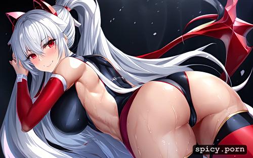 ass held into the camera, silver hair, smiling, fulbody, wet skin