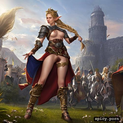 ultra hairy, showing pussy with natural blond pubes, jaheira from baldur s gate in a medieval city