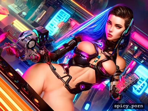 neon colors, with microphone in hand, highres, cyborg, dj, massive laser lights