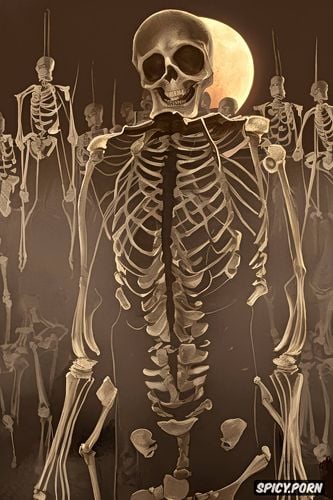 spooky haunting standing human skeleton, moonlight, anatomically correct
