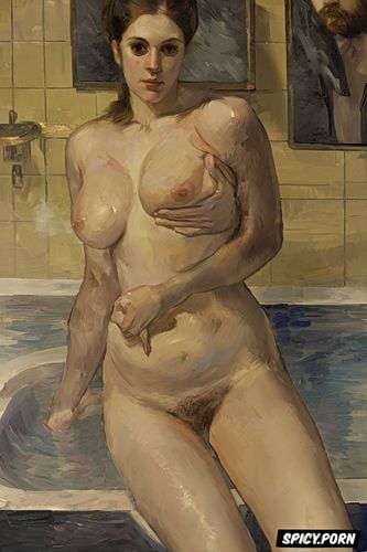 smoke, taking a bath, women in humid bathroom with fingertip nipple touching breasts tiled bathing