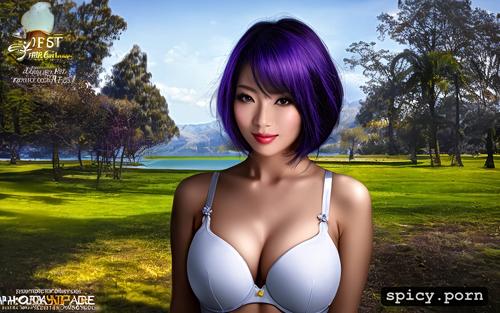 short, 30 years old, athletic body, asian female, purple hair