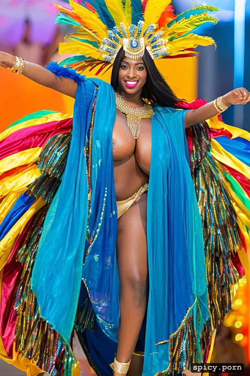 beautiful performing carnival dancer, huge natural boobs, intricate costume with matching bikini top