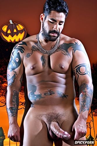 imagen hombre solo moreno mexicano atletico musculoso guapo pene super dotado erecto xxl desnudo tatuado maquillaje de halloween gran pene erecto xxl
