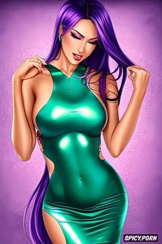 purple hair, athletic body, long hair, diving, cute face, silicon boobs