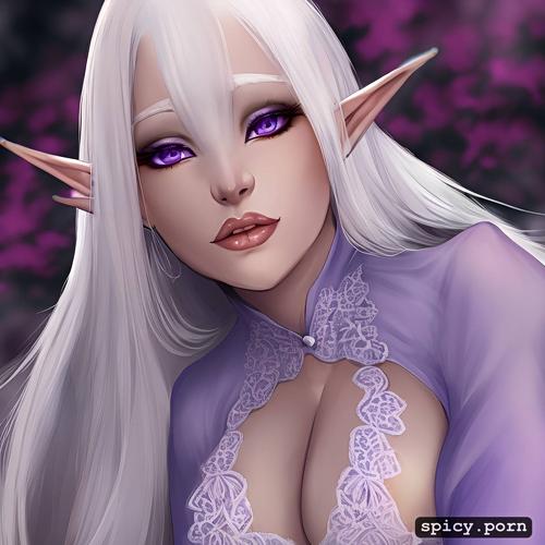 realistic, ultra detailed, white eyelashes, purple outfit, slim albino female elf