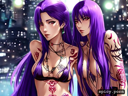 female, asian, long hair, big ass, purple hair, anime pose, tattoos