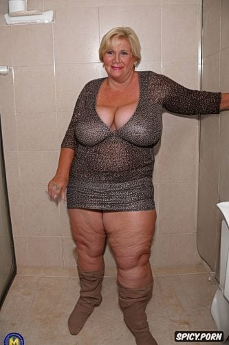 hairless cunt, standing in toilet, showing big cunt, worlds largest most saggy breasts