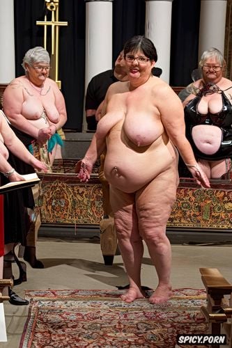 inside church choir, glasses, group of old grannies, nude, chains