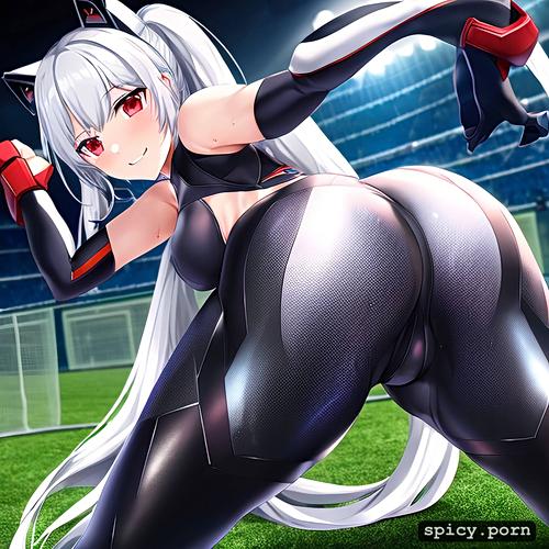 athletic, long hair, smiling, ass held into the camera, silver hair