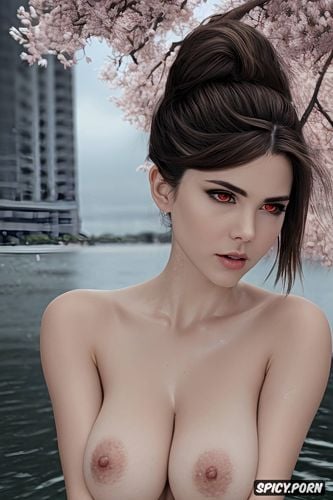 nude, red oozing, cherry blossoms, small delicate face, dark demon eyes