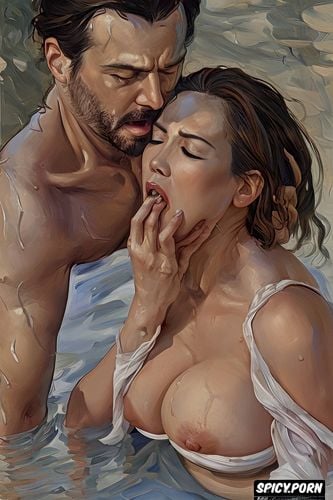 open mouth tongue, twisting torso, eyes closed, male hand, asian iranian woman