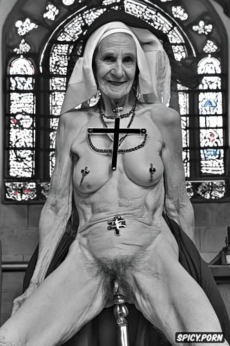 nun, very old ugly granny, church, smile, grey hair, naked, glass of beer
