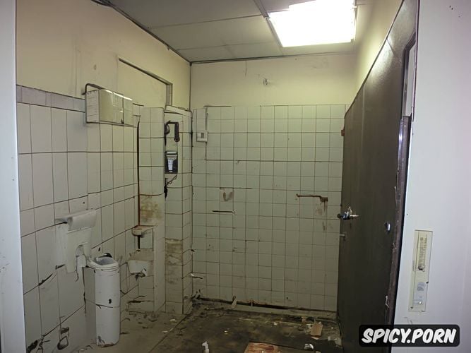well, cat poop, piles of dirty clothes, trash, cigarette butts and cigarette packs dark dirty ceiling with peeling plaster there are shinning lamps and split ceiling lights on the ceiling on the left are two sinks with a cracked mirror on the right