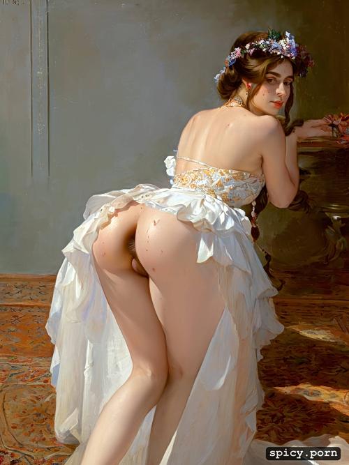 small shiny snub nose, elaborate court dress, 19th century 18 yo russian grand duchess spread legs dick in ass