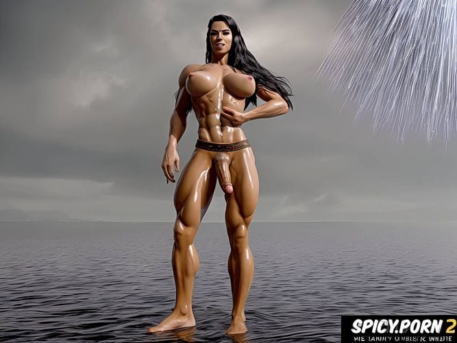 naked, very strong arms, walking on water, white skin, long dick