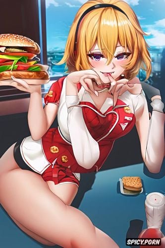 litch waifu, doing a v with one hand, biting a macdonalds burger