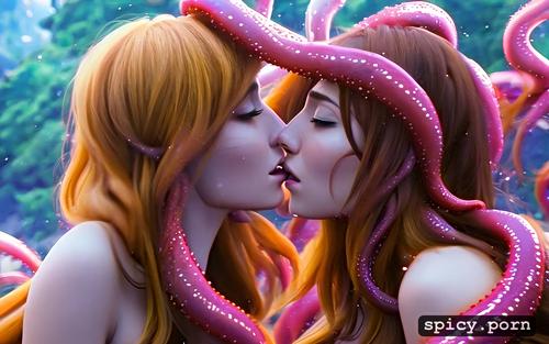 two women kissing, fucked by tentacles