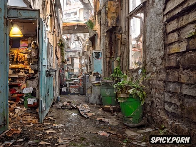 the atmosphere ominous and joyful vibrant colors, rusty iron basket with trash