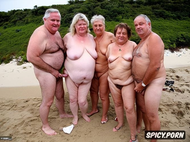huge saggy boobs, very hairy vagina, fat naked grandpas and grandmas having a sex orgy on the beach