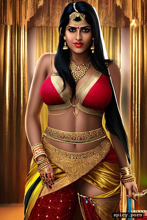 athletic body, gorgeous face, half saree, gold jewellery, big curvy hip