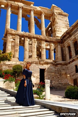 pale skin, big natural breasts, traditional greek woman, historical greek buildings in the background