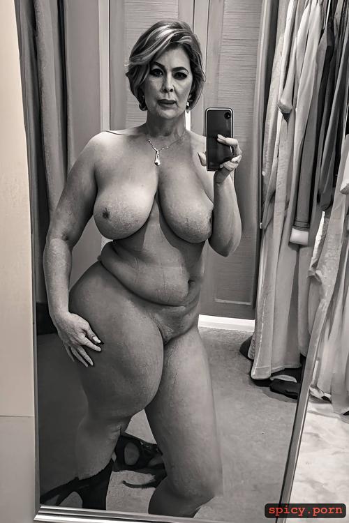 dressing room mirror naked selfie, mature female 55yo, detailed