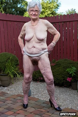 saggy, old irish granny, shapely, gilf, background patio, big saggy tits