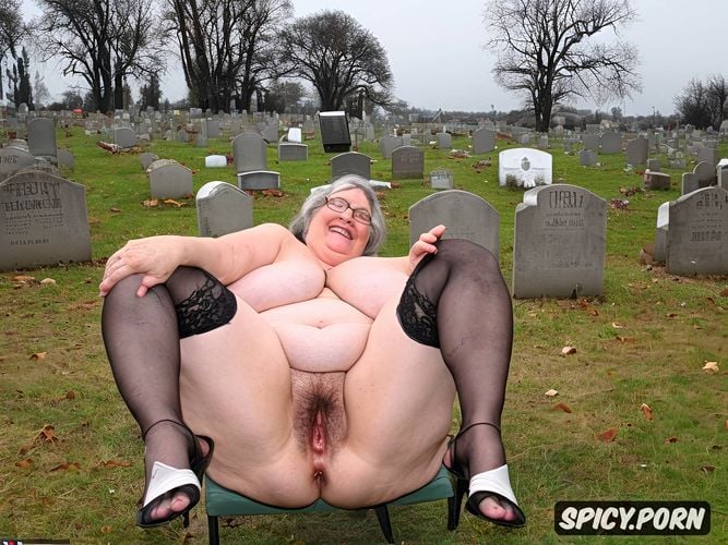 showing huge tits, wide hips, grave with headstone in a cemetery