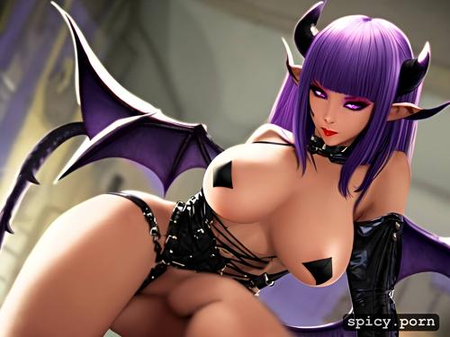 natural boobs, black draconic wings, purple hair, short horns