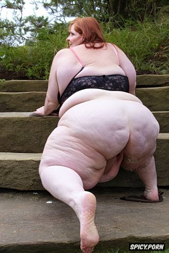 full body, large belly, stairs, big ass, nude, massive saggy boobs