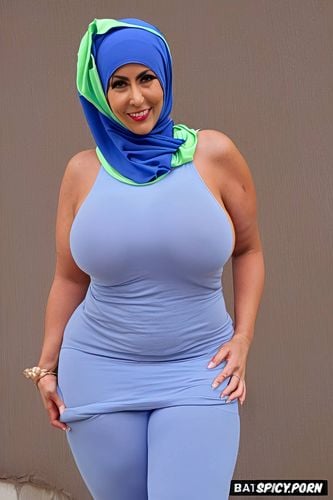 symmetrical, bright soft colors, hyper realistic, hijab and tight fit sexy dress with falling out tits and exposed crotch