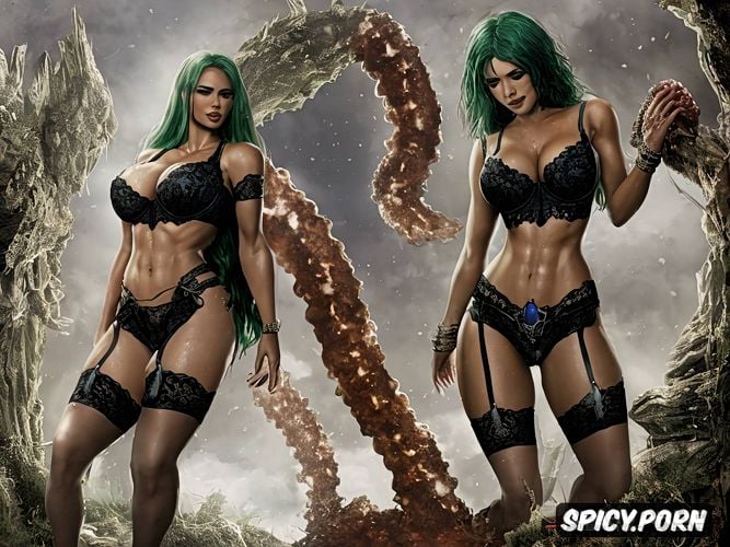 tentacle sex organ, panting, toned muscles, hips, filipino woman vs giant thick sex tentacle