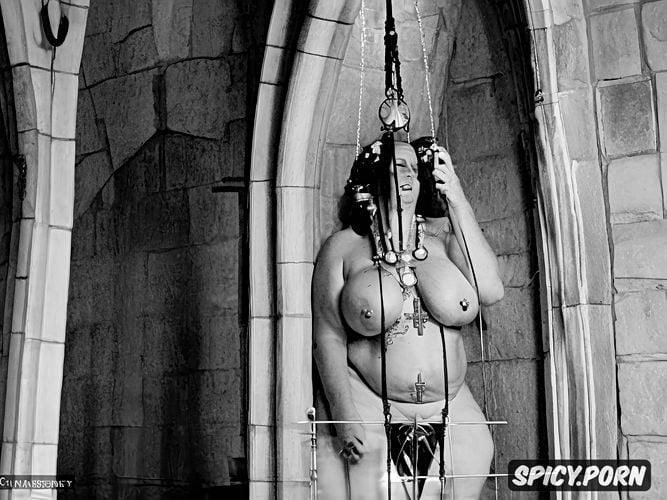hanging saggy breasts, glasses, obese, full nude body, cross necklace