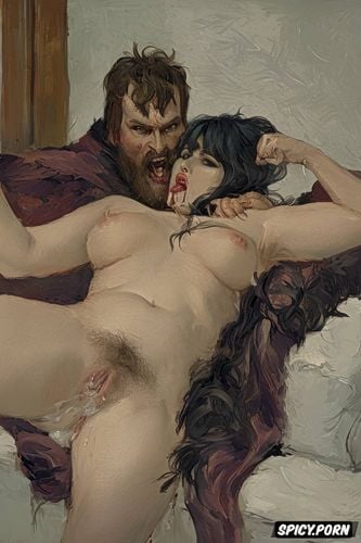 impressionism painting style, open mouth, hairy vagina, chubby