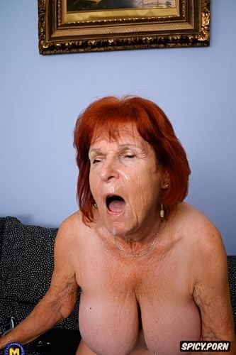 granny on her knees having orgasm, standing front of face, open mouth