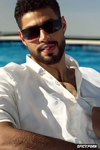 poolside in chair, close up, handsome biracial man, thick body hair