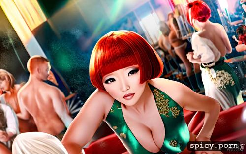 ginger hair, thick body, bobcut hair, dancing in a club, japanese lady