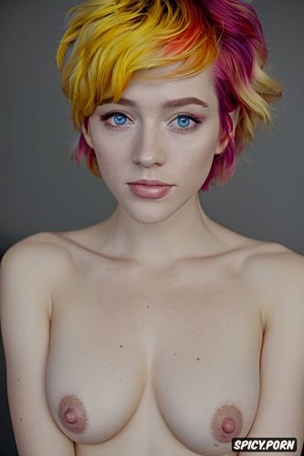 perfect body, portrait, large breasts, rainbows, cute face, short hair