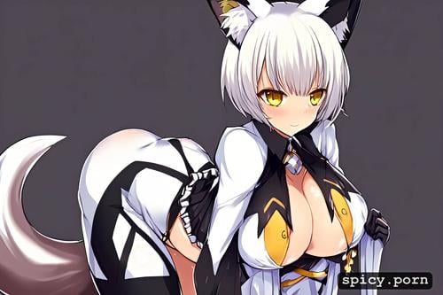 cute fox woman, ripped suit, small, big eyes, small boobs, black suit with yellow accents
