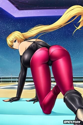 crawls to the camera, high heels, on all fours, blond woman