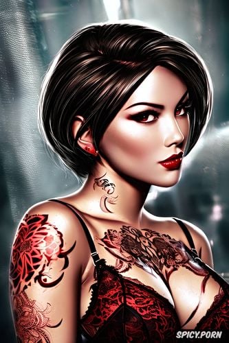 high resolution, ultra detailed, ada wong resident evil beautiful face young sexy low cut red lace lingerie