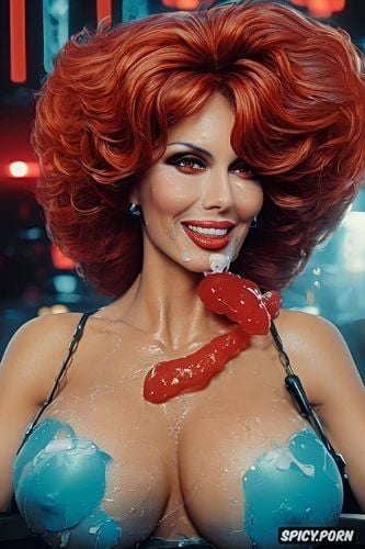 sperm on red wigs, smiling, laughung, beautiful gilf, cum in mouth