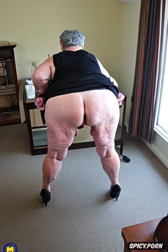 very old fat grandmothers, back view, tremendous splash cum in asshole