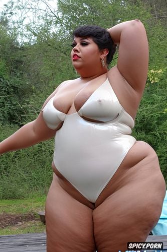 ssbbw hispanic woman, flat chest, very short hair, small shrink boobs